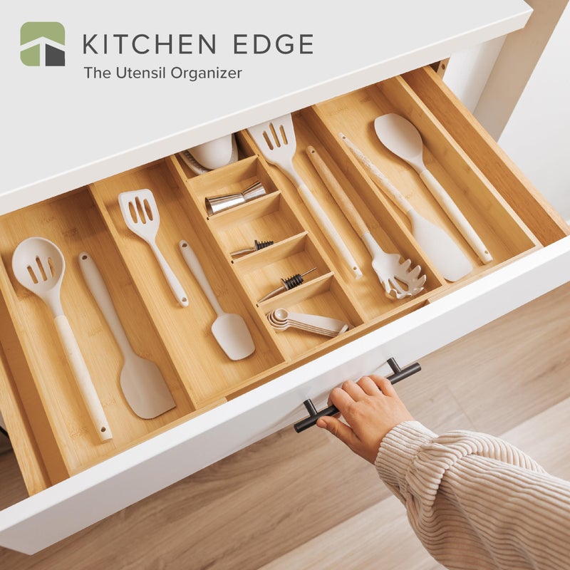 KitchenEdge Adjustable Bamboo Kitchen Drawer Organizer for Utensils and Junk, Expandable to 28 inches Wide, 9 Compartments - Image 2
